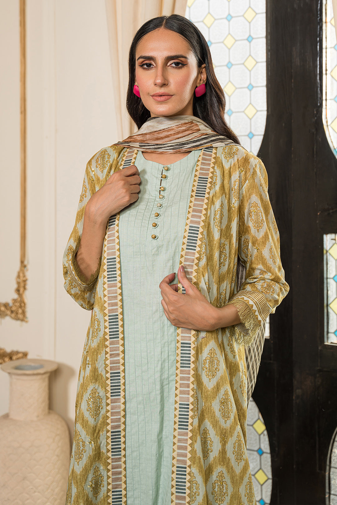 3 Piece - Embroidered Digital Printed Cotton Cambric Suit U0859