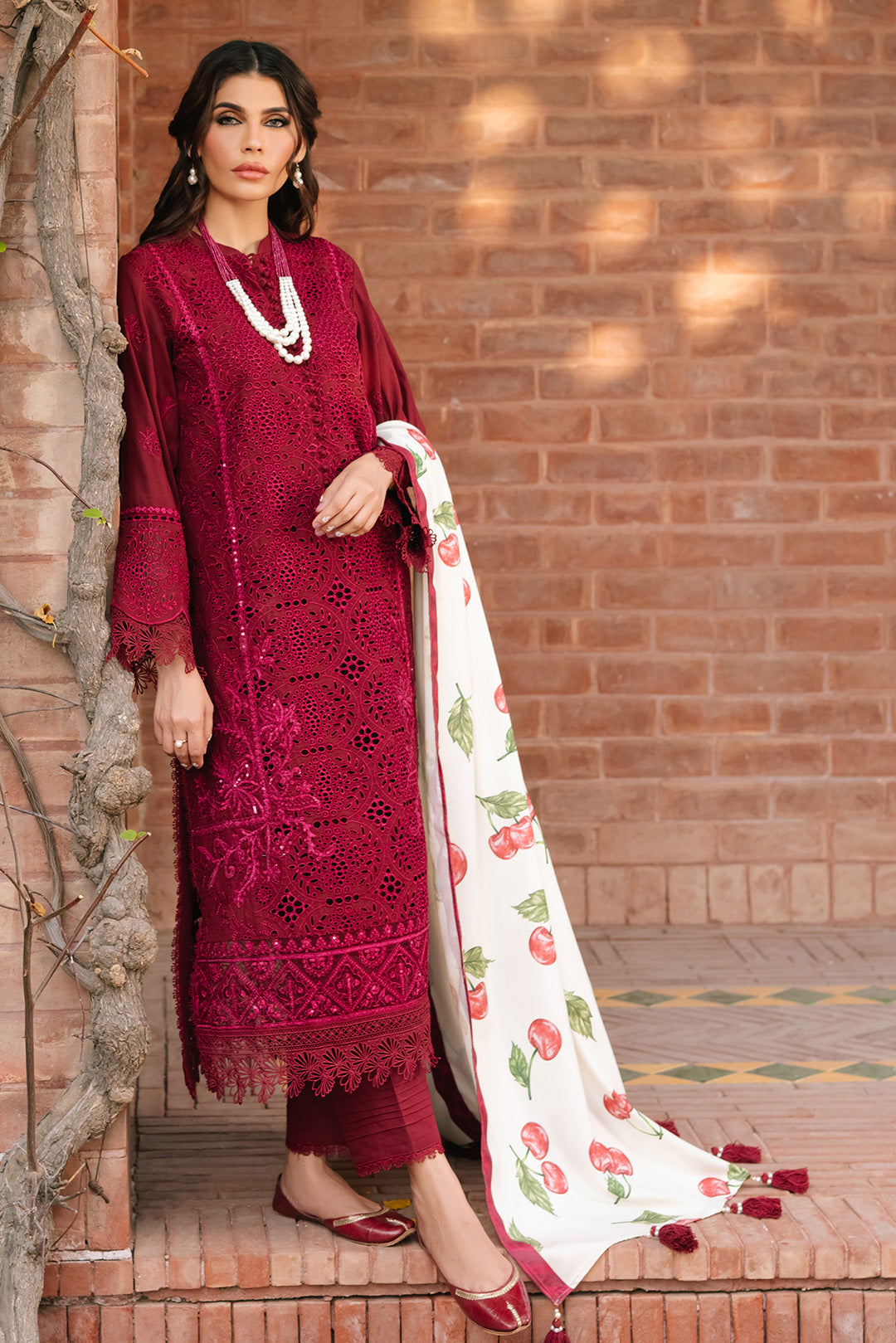 3 Piece - Schiffli Embroidered Slub Khaddar Suit U0968 (SO)