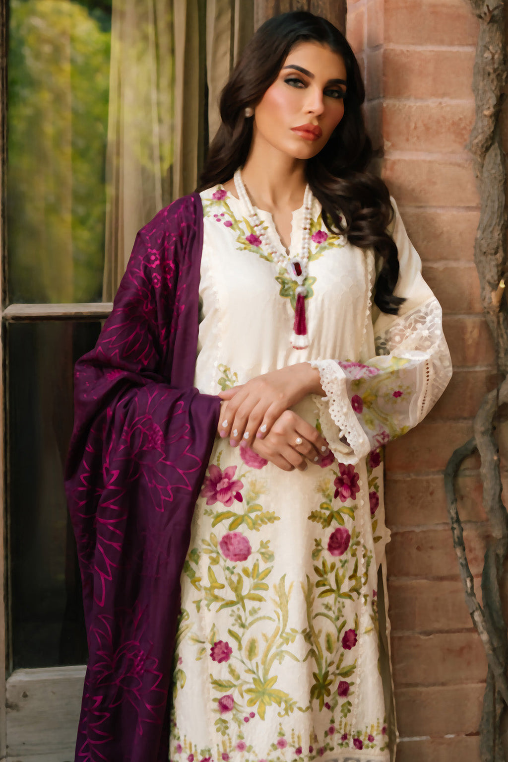 3 Piece -Embroidered Textured Linen Suit U1016