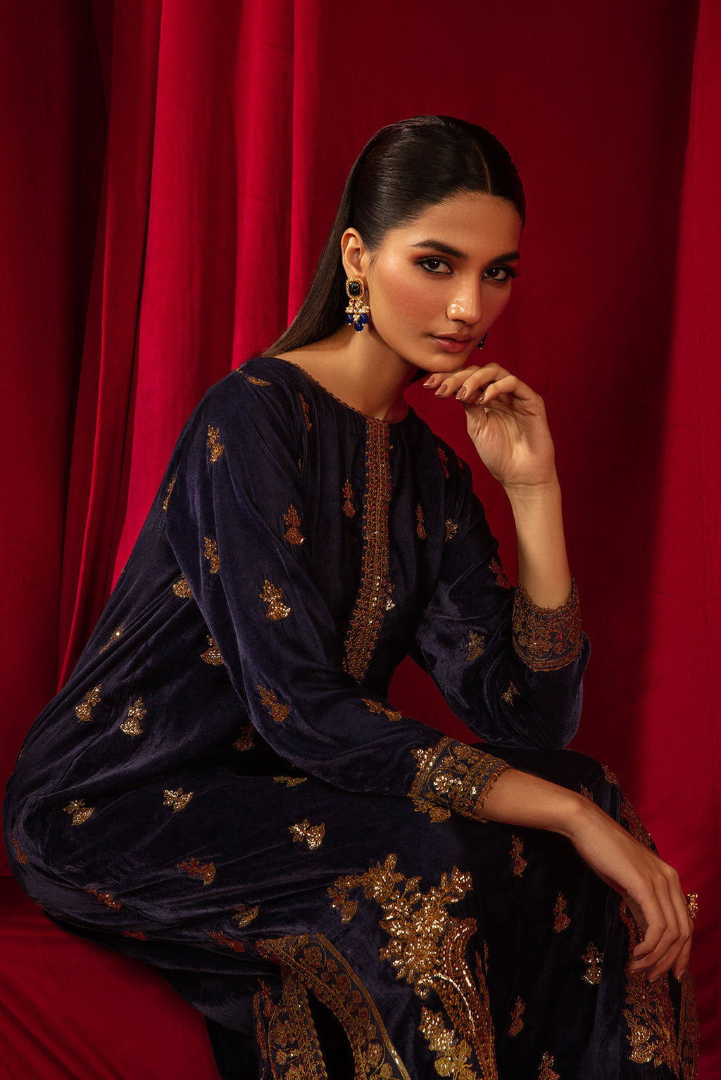 1 Piece - Embroidered Velvet Shirt V1003