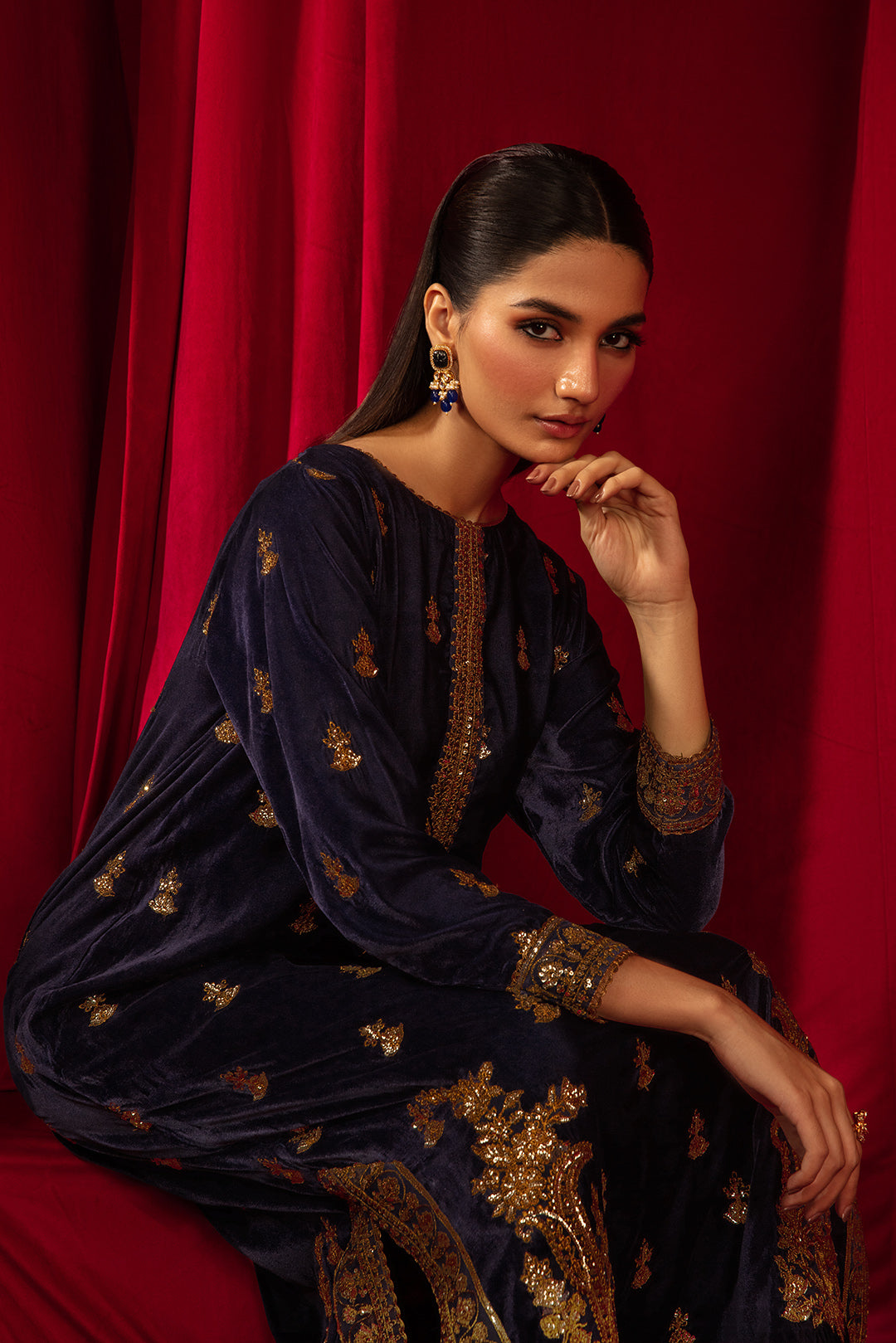 1 Piece - Embroidered Velvet Shirt V1003