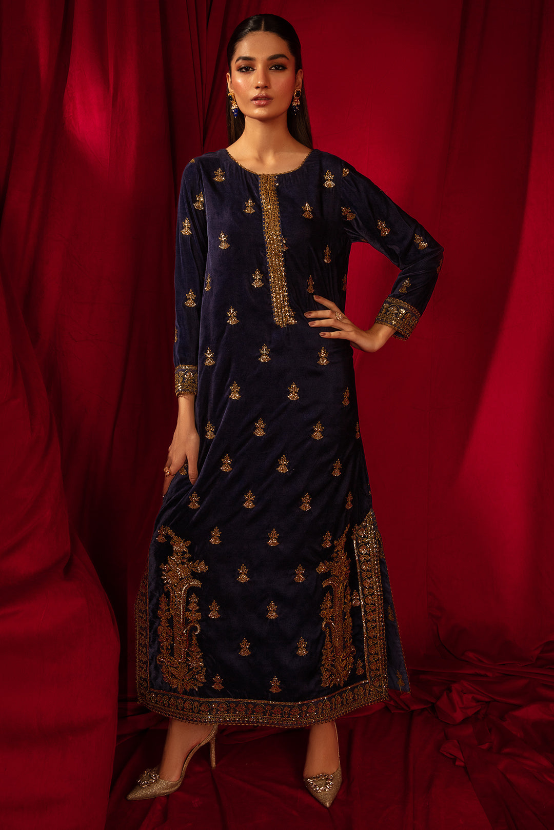 1 Piece - Embroidered Velvet Shirt V1003