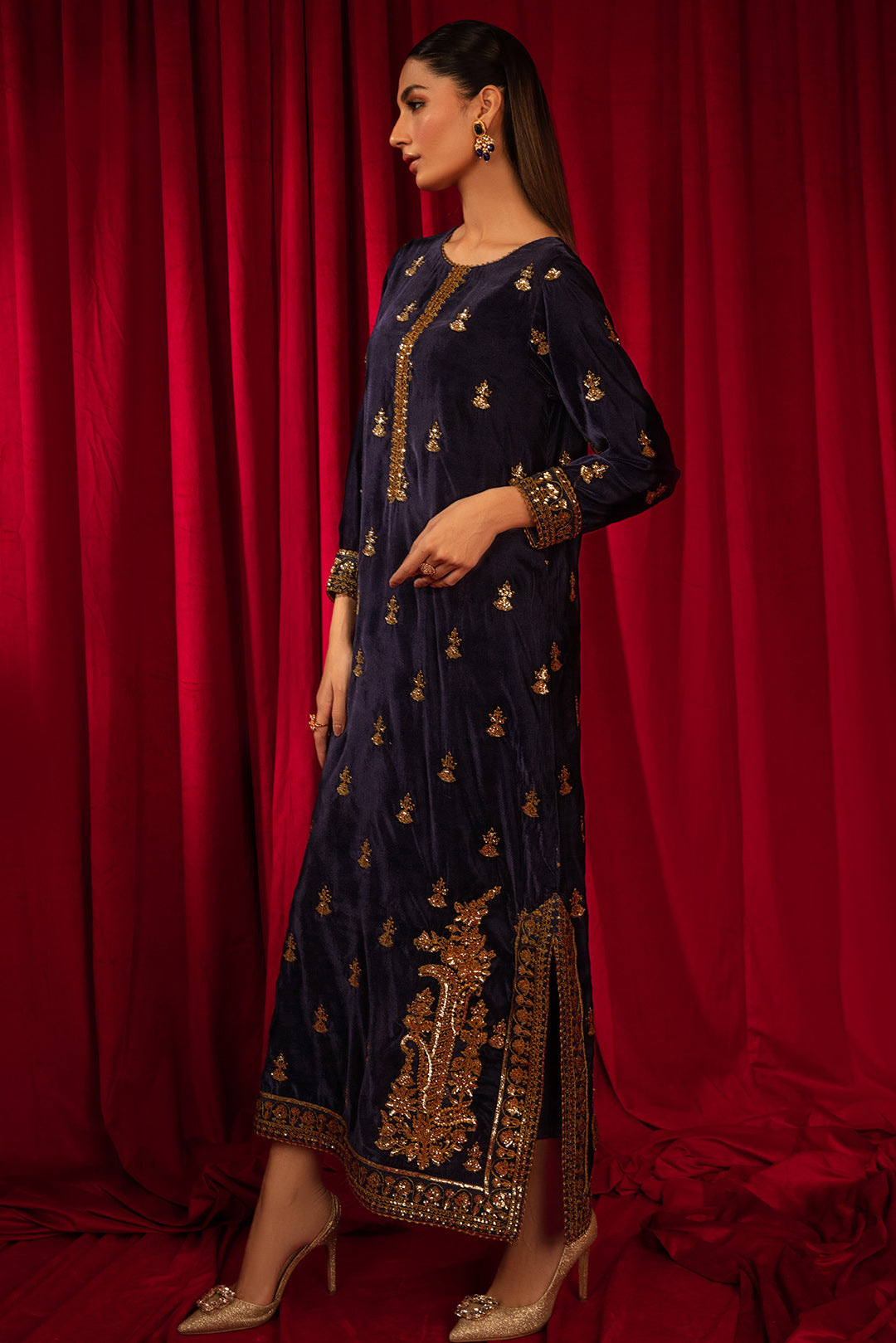 1 Piece - Embroidered Velvet Shirt V1003