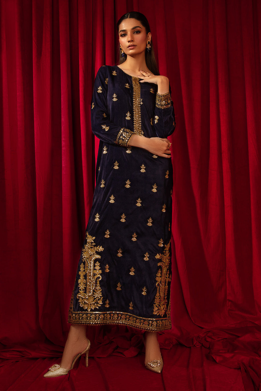 1 Piece - Embroidered Velvet Shirt V1003